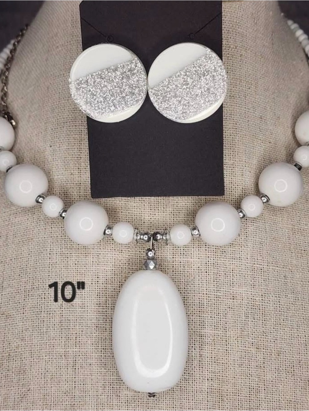 86. White and Silver Beaded Statement Necklace with Matching Earrings